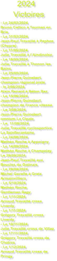 2024 Victoires - Le 24/03/2024 Bruno Callico  Tournan en Brie - Le 31/03/2024 Jean-Paul Travaill  Paphos (Chypre) - Le 11/05/2024 Julie Travaill  lAindinoise - Le 18/05/2024 Julie Travaill  Thonon les Bains - Le 25/05/2024 Jean-Pierre Guinebert champion rgional piste - le 2/06/2024 Alain Renard  Bton Baz. - Le 15/06/2024 Jean-Pierre Guinebert champion de France vitesse - Le 3/08/2024 Jean-Pierre Guinebert omnium La Cipale - Le  11/08/2024 Julie Travaill cyclosportive La Sainflorantaine - Le 24/08/2024 Matho Roche  Appoigny - Le 14/09/2024 Matho Roche  Champelay Le 29/09/2024 Jean-Paul Travaill aux Boucles du Gatinais - Le 29/09/2024 Michel Gavelle  Gretz Armainvilliers - Le 5/10/2024 Matho Roche  Gentleman Sagy - Le 1/11/2024 Arnaud Travaill cross Liverdy - Le 1/11/2024 Grgory Travaill cross Liverdy - Le 10/11/2024 Julie Travaill cross de Villaz - Le 17/11/2024 Grgory Travaill cross de Chatres - Le 1/12/2024 Arnaud Travaill cross de Pringy