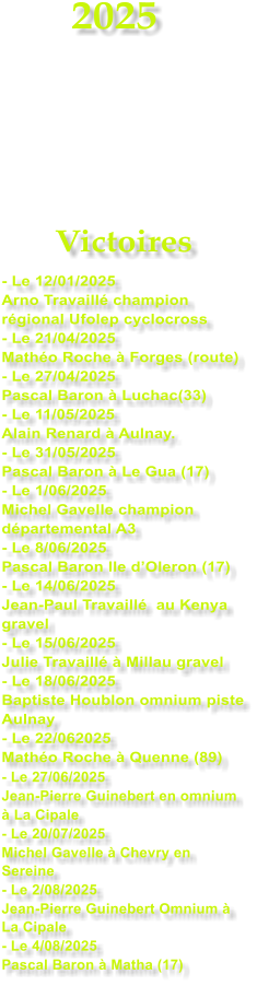 2025     Victoires - Le 12/01/2025 Arno Travaill champion rgional Ufolep cyclocross - Le 21/04/2025 Matho Roche  Forges (route) - Le 27/04/2025 Pascal Baron  Luchac(33) - Le 11/05/2025 Alain Renard  Aulnay. - Le 31/05/2025 Pascal Baron  Le Gua (17) - Le 1/06/2025 Michel Gavelle champion dpartemental A3 - Le 8/06/2025 Pascal Baron Ile dOleron (17) - Le 14/06/2025 Jean-Paul Travaill  au Kenya gravel - Le 15/06/2025 Julie Travaill  Millau gravel - Le 18/06/2025 Baptiste Houblon omnium piste Aulnay - Le 22/062025 Matho Roche  Quenne (89) - Le 27/06/2025 Jean-Pierre Guinebert en omnium   La Cipale - Le 20/07/2025 Michel Gavelle  Chevry en Sereine - Le 2/08/2025 Jean-Pierre Guinebert Omnium  La Cipale - Le 4/08/2025 Pascal Baron  Matha (17)