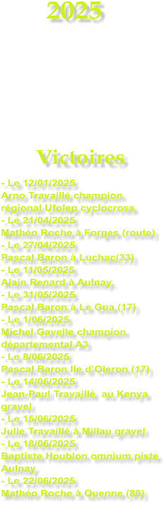 2025     Victoires - Le 12/01/2025 Arno Travaill champion rgional Ufolep cyclocross - Le 21/04/2025 Matho Roche  Forges (route) - Le 27/04/2025 Pascal Baron  Luchac(33) - Le 11/05/2025 Alain Renard  Aulnay. - Le 31/05/2025 Pascal Baron  Le Gua (17) - Le 1/06/2025 Michel Gavelle champion dpartemental A3 - Le 8/06/2025 Pascal Baron Ile dOleron (17) - Le 14/06/2025 Jean-Paul Travaill  au Kenya gravel - Le 15/06/2025 Julie Travaill  Millau gravel - Le 18/06/2025 Baptiste Houblon omnium piste Aulnay - Le 22/06/2025 Matho Roche  Quenne (89)