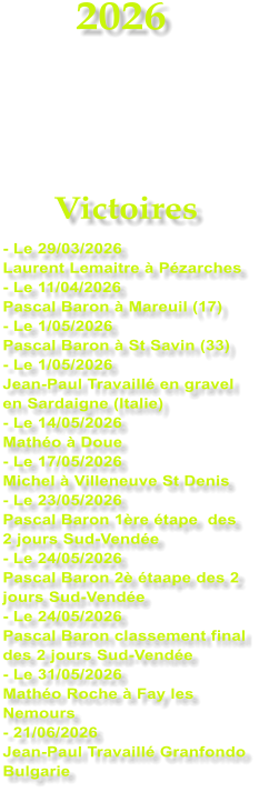 2026    Victoires - Le 29/03/2026 Laurent Lemaitre � P�zarches - Le 11/04/2026  Pascal Baron � Mareuil (17) - Le 1/05/2026 Pascal Baron � St Savin (33) - Le 1/05/2026 Jean-Paul Travaill� en gravel en Sardaigne (Italie) - Le 14/05/2026 Math�o � Doue - Le 17/05/2026 Michel � Villeneuve St Denis - Le 23/05/2026 Pascal Baron 1�re �tape  des 2 jours Sud-Vend�e - Le 24/05/2026 Pascal Baron 2� �taape des 2 jours Sud-Vend�e - Le 24/05/2026 Pascal Baron classement final des 2 jours Sud-Vend�e - Le 31/05/2026 Math�o Roche � Fay les Nemours - 21/06/2026 Jean-Paul Travaill� Granfondo Bulgarie