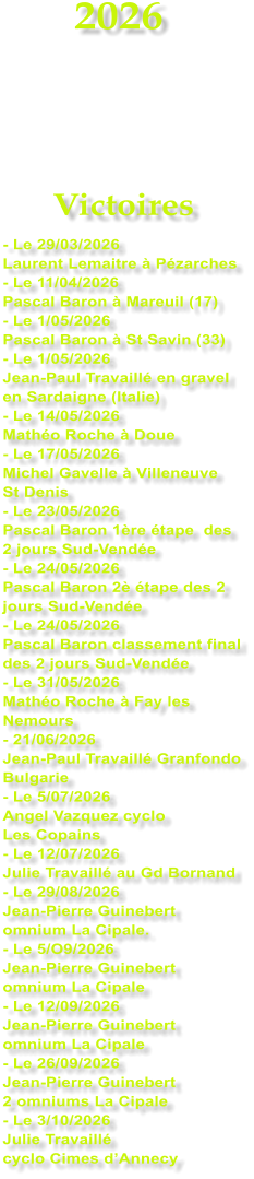 2026    Victoires - Le 29/03/2026 Laurent Lemaitre � P�zarches - Le 11/04/2026  Pascal Baron � Mareuil (17) - Le 1/05/2026 Pascal Baron � St Savin (33) - Le 1/05/2026 Jean-Paul Travaill� en gravel en Sardaigne (Italie) - Le 14/05/2026 Math�o Roche � Doue - Le 17/05/2026 Michel Gavelle � Villeneuve  St Denis - Le 23/05/2026 Pascal Baron 1�re �tape  des 2 jours Sud-Vend�e - Le 24/05/2026 Pascal Baron 2� �tape des 2 jours Sud-Vend�e - Le 24/05/2026 Pascal Baron classement final des 2 jours Sud-Vend�e - Le 31/05/2026 Math�o Roche � Fay les Nemours - 21/06/2026 Jean-Paul Travaill� Granfondo Bulgarie - Le 5/07/2026 Angel Vazquez cyclo  Les Copains - Le 12/07/2026 Julie Travaill� au Gd Bornand - Le 29/08/2026 Jean-Pierre Guinebert omnium La Cipale. - Le 5/O9/2026 Jean-Pierre Guinebert omnium La Cipale - Le 12/09/2026 Jean-Pierre Guinebert omnium La Cipale - Le 26/09/2026 Jean-Pierre Guinebert  2 omniums La Cipale - Le 3/10/2026 Julie Travaill�  cyclo Cimes d�Annecy